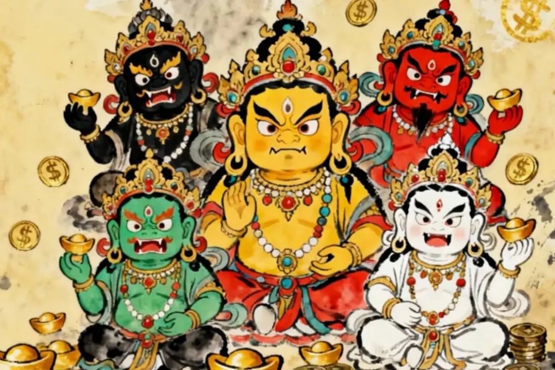 Five Jambhalas, Tibetan Buddhist wealth deities representing wisdom, compassion, and abundance, depicted in white, yellow, red, green, and black