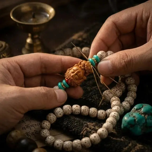 A close-up photograph of a skilled artisan delicately crafting a Buddhist rosary bracelet. Their hands carefully hold a large, carved wooden Buddha-head-shaped bead, inserting a thread with a fine metal wire tool.