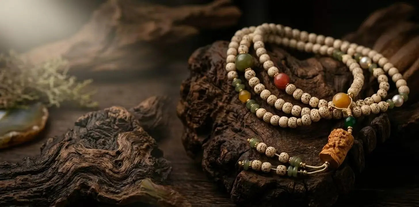 A multi-tiered Tibetan-style mala, handcrafted from light-colored, speckled Star-and-Moon Bodhi seeds, rests elegantly on a base of dark, intricately textured driftwood. The mala features polished, round marker beads in amber, mossy-green jade, and coral-red, interspersed with smaller jade and pearl beads. Below a central amber guru bead, a green jade bead leads to a detailed, cylindrical carved wood charm, likely of a Pixiu or a protective Buddhist deity. 