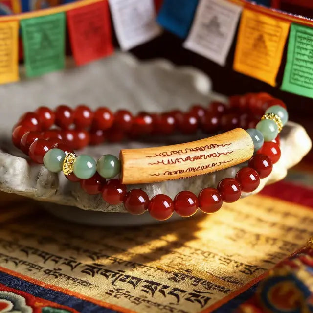 Close-up of a Tibetan-style bracelet featuring red agate beads and green accent stones, with an engraved wooden centerpiece, placed on a shell with prayer flags and traditional script fabric in the background.