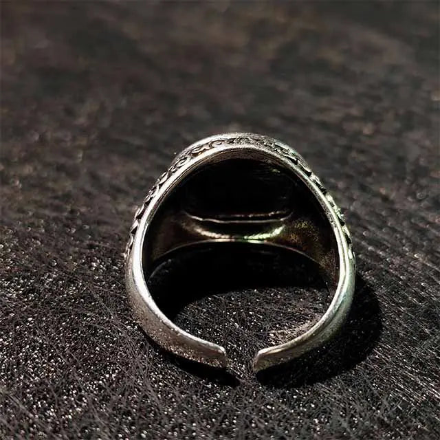 Close-up detail showing the adjustable open back of the handmade copper Dorje ring, allowing for a perfect and comfortable fit on any finger.