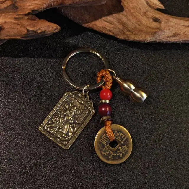 Handcrafted brass horse coin keychain with guardian charm in Tibetan inspired vintage style