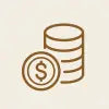 A minimalist brown line icon of a stack of coins and a single dollar coin in the foreground, set against a solid light beige background