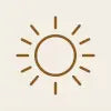 A minimalist line art illustration of a sun with a simple circular core and radiating rays, colored in a warm brown tone. The background is a solid light beige color.