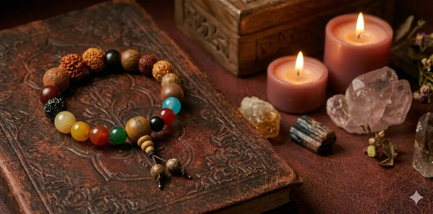 A horizontal banner with a multi-colored Buddhist prayer bead bracelet resting on an antique leather-bound book on the left, with warm burning candles and crystals blurred in the background on the right, leaving copy space.