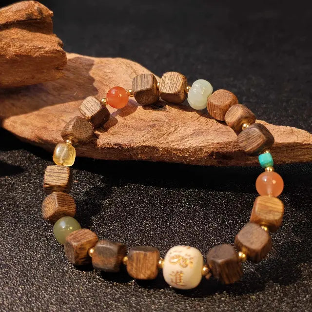 handmade green agarwood cube bead bracelet natural wood artisan bracelet tibetan style jewelry