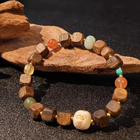 handmade green agarwood cube bead bracelet natural wood artisan bracelet tibetan style jewelry