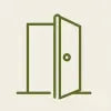 A minimalist green line art illustration of an open door set against a light beige background.