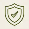A minimalist green shield icon with a checkmark inside, centered on a light beige background.