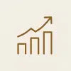 A minimalist line icon of a rising growth chart on a solid warm beige (#F5F1E8) background. The icon, rendered in a muted brown tone, features a progressive bar graph topped with an upward-pointing arrow, symbolizing financial growth, success, or positive trends.