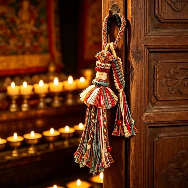 Detail of hand-knotted vajra knot, agate beads, and bodhi seeds on the Tibetan prayer wheel charm, highlighting protection and prosperity symbols