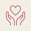 Minimalist line art icon of a pink heart floating above two cupped hands, set against a warm, light beige background.
