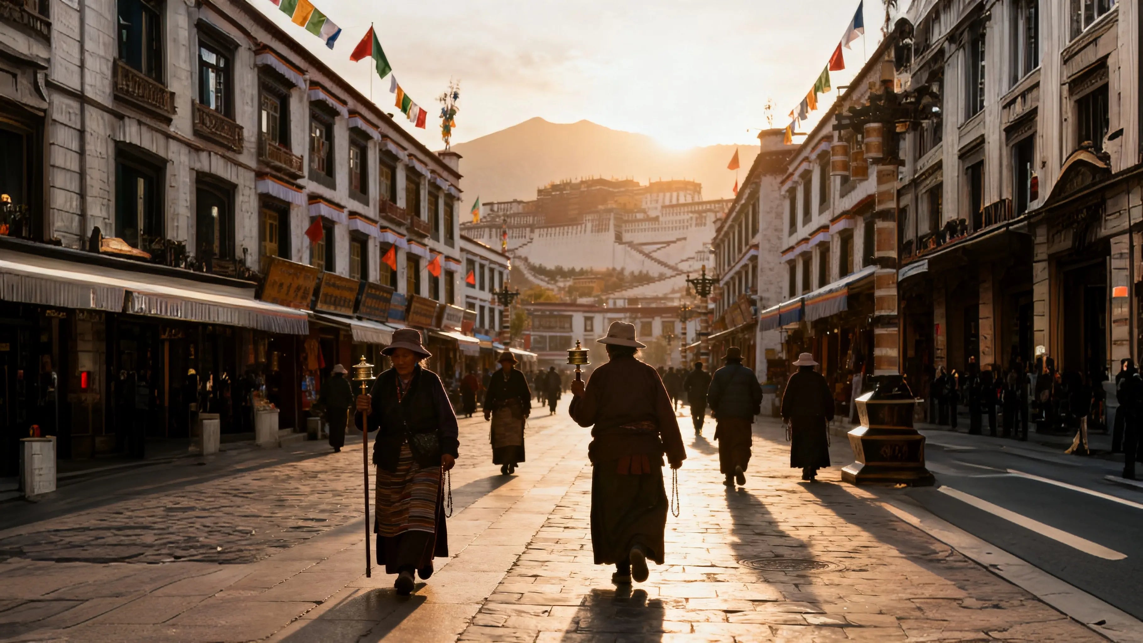 A spiritual journey in Tibet: Potala Palace in the distance with local devotees praying in the foreground