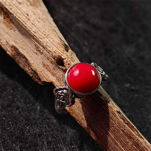 Himalayan Red Agate adjustable ring with Tibetan Carnelian setting, spiritual earth tone statement jewelry for women and men.