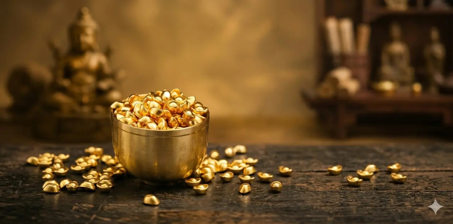 showcasing a brass bowl overflowing with golden ingots, surrounded by scattered gold pieces on a rustic surface, with a serene Buddha figurine in a soft-focus warm studio setting.