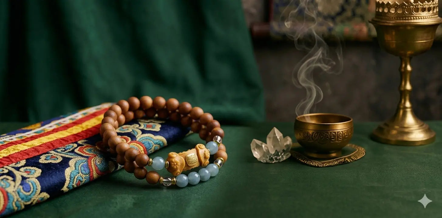 A wide banner featuring a double-strand wooden Mala bead bracelet with light blue jade accents positioned on the left, resting on a colorful patterned fabric. The background is a moody dark green with a smoking brass incense bowl and crystals on the right.