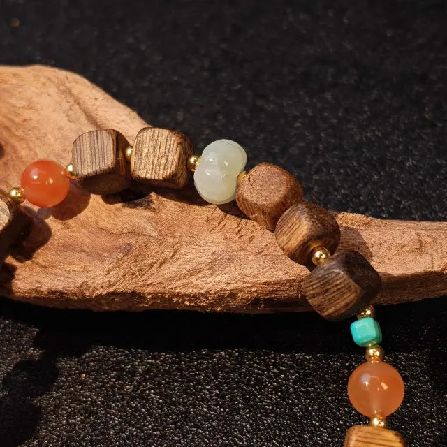 minimalist green agarwood cube bead bracelet natural wood artisan jewelry style