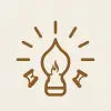 A minimalist line art icon of a brown oil lamp with a burning flame inside and radiating light rays, set against a solid cream-colored background.