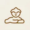 A minimalist brown line art icon of a stylized Buddha figure with hands crossed, set against a solid light beige background color