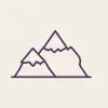 A minimalist purple line art icon depicting two mountain peaks with snowy tops, set against a solid cream-colored  background.