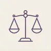 A purple minimalist icon of a justice scale on a soft beige background, featuring sharp lines and symmetric hanging pans.