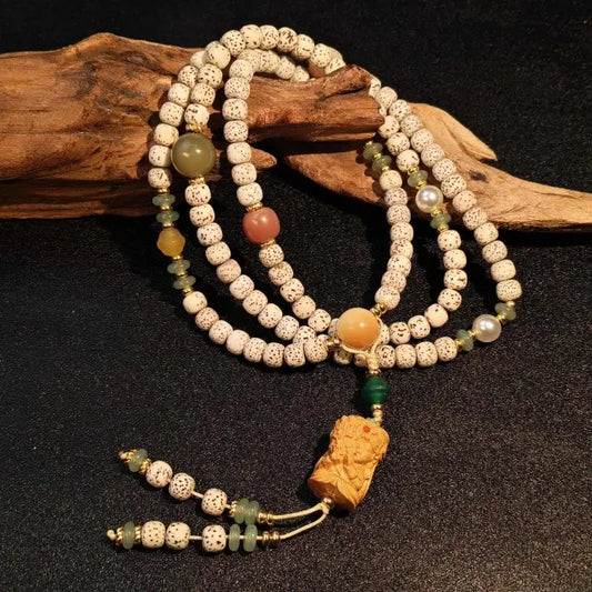 Handmade moon bodhi seed multi wrap necklace bracelet with natural agate and sandalwood beads tibetan style jewelry