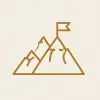 A minimalistic line art icon of mountain peaks with a flag on the highest summit, set against a warm light beige background.