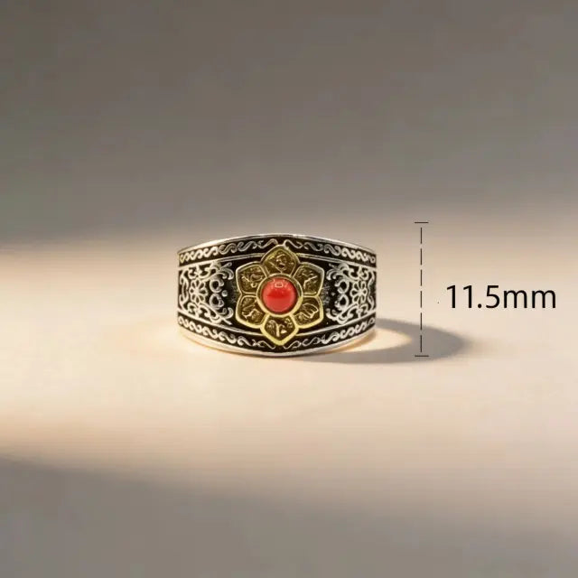 Om Mani Padme Hum ring in a serene meditation setting, representing Tibetan Buddhist symbolism and handcrafted artistry.