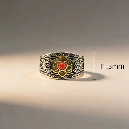 Om Mani Padme Hum ring in a serene meditation setting, representing Tibetan Buddhist symbolism and handcrafted artistry.