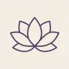A clean and minimalist purple line art illustration of a blooming lotus flower, centered on a soft, warm beige background.