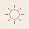 A minimalist, pink line-art icon of a sun with eight rays, centered on a solid cream-colored background