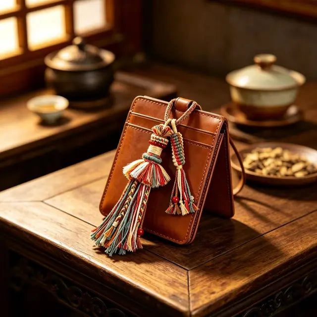 Close-up of the miniature Tibetan prayer wheel charm with engraved mantras and traditional symbols, suspended from a hand-knotted blessing bag