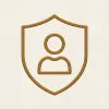 A minimalist icon featuring a brown line-art shield with a stylized person profile in the center, set against a solid light beige background