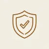 A minimalistic brown line-art icon of a shield with a checkmark inside, centered on a solid cream-colored background