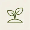 A simple green line art icon of a small plant sprout with two leaves growing from a patch of soil, centered on a solid light beige background.