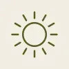 A minimalist olive green sun icon centered on a light beige background.