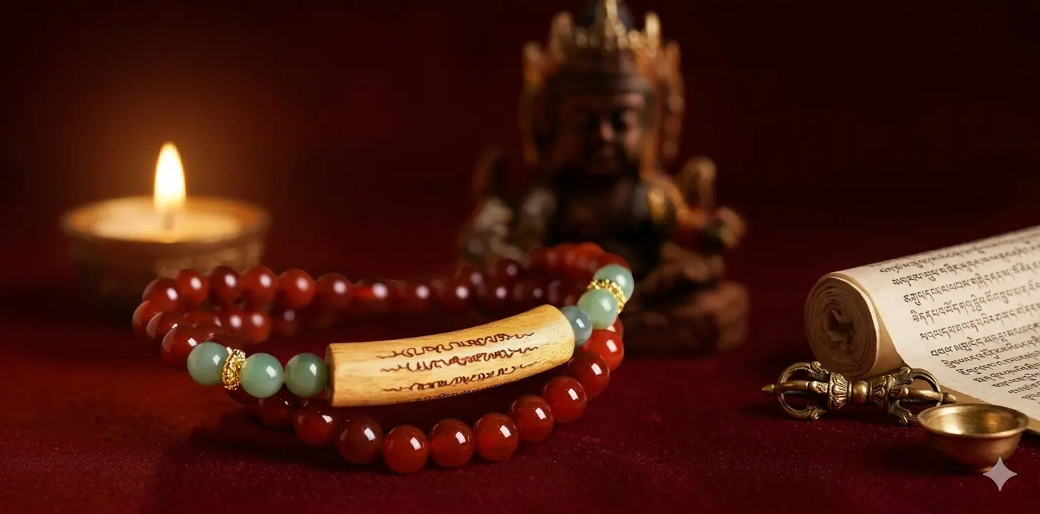 A wide horizontal banner featuring a double-strand red agate and jade bead bracelet with an engraved wooden tube center, placed on a dark red fabric. In the blurred background, a small Buddha statue and a burning candle illuminate the scene, while an opened Tibetan scripture scroll and a small ritual object rest on the right side.