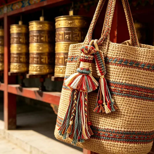 Tibetan prayer wheel blessing charm hung on a car rearview mirror as a car hanging, with natural light showing the golden cord and hand-knotted bag