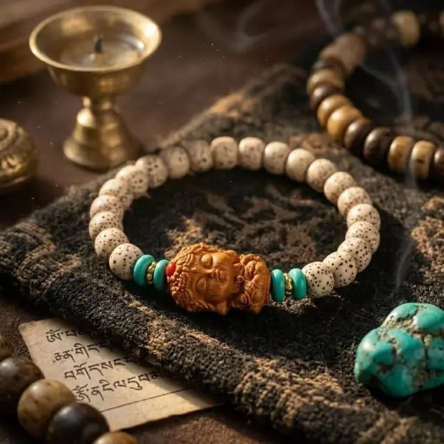 Handmade Tibetan-style bodhi seed bracelet with carved Buddha head and turquoise beads, placed in a meditation setting with incense and ritual objects.