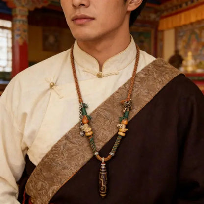 Man wearing Tibetan style Dzi bead necklace with braided rope and traditional ethnic design, spiritual jewelry close-up