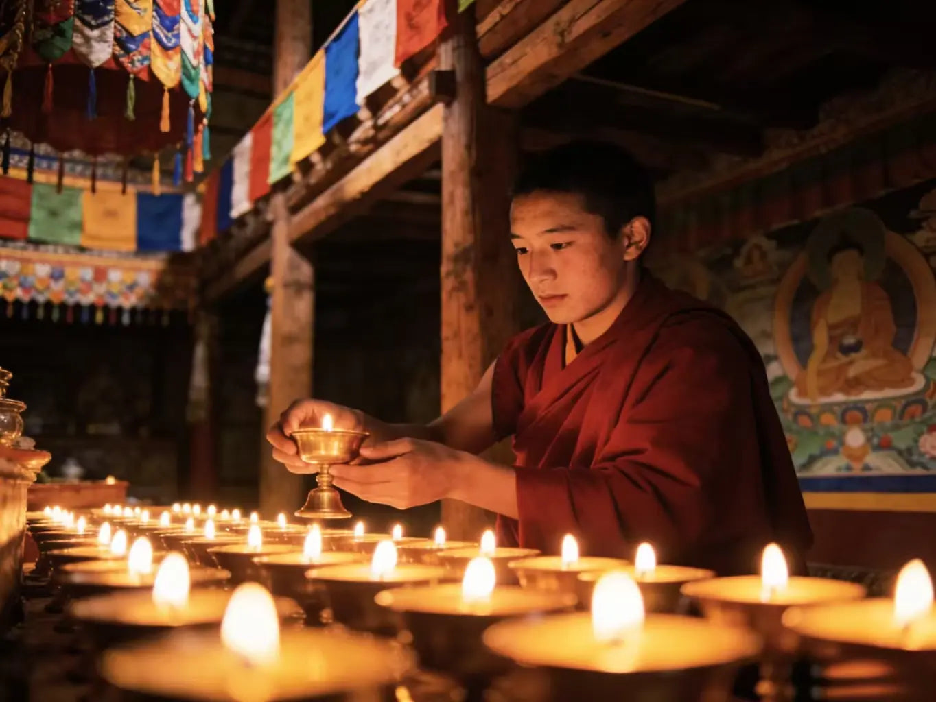 A Tibetan monk lighting brass butter lamps in a temple, creating a peaceful and spiritual meditation atmosphere