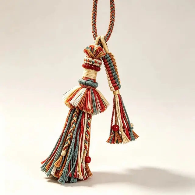 Full view of Tibetan prayer wheel blessing charm inside a hand-knotted bag, featuring golden vajra knot, agate beads, sandalwood tassel, and bodhi seed accents for car or bag hanging