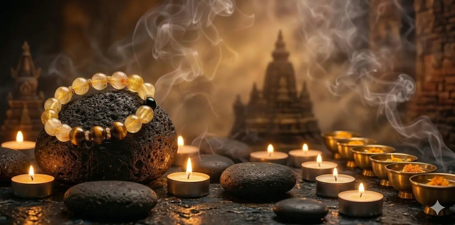 Tibetan protection jewelry website banner featuring a gold rutilated quartz and tiger eye gemstone bracelet resting on a black volcanic stone, surrounded by glowing candles, incense smoke, and mystical temple background.