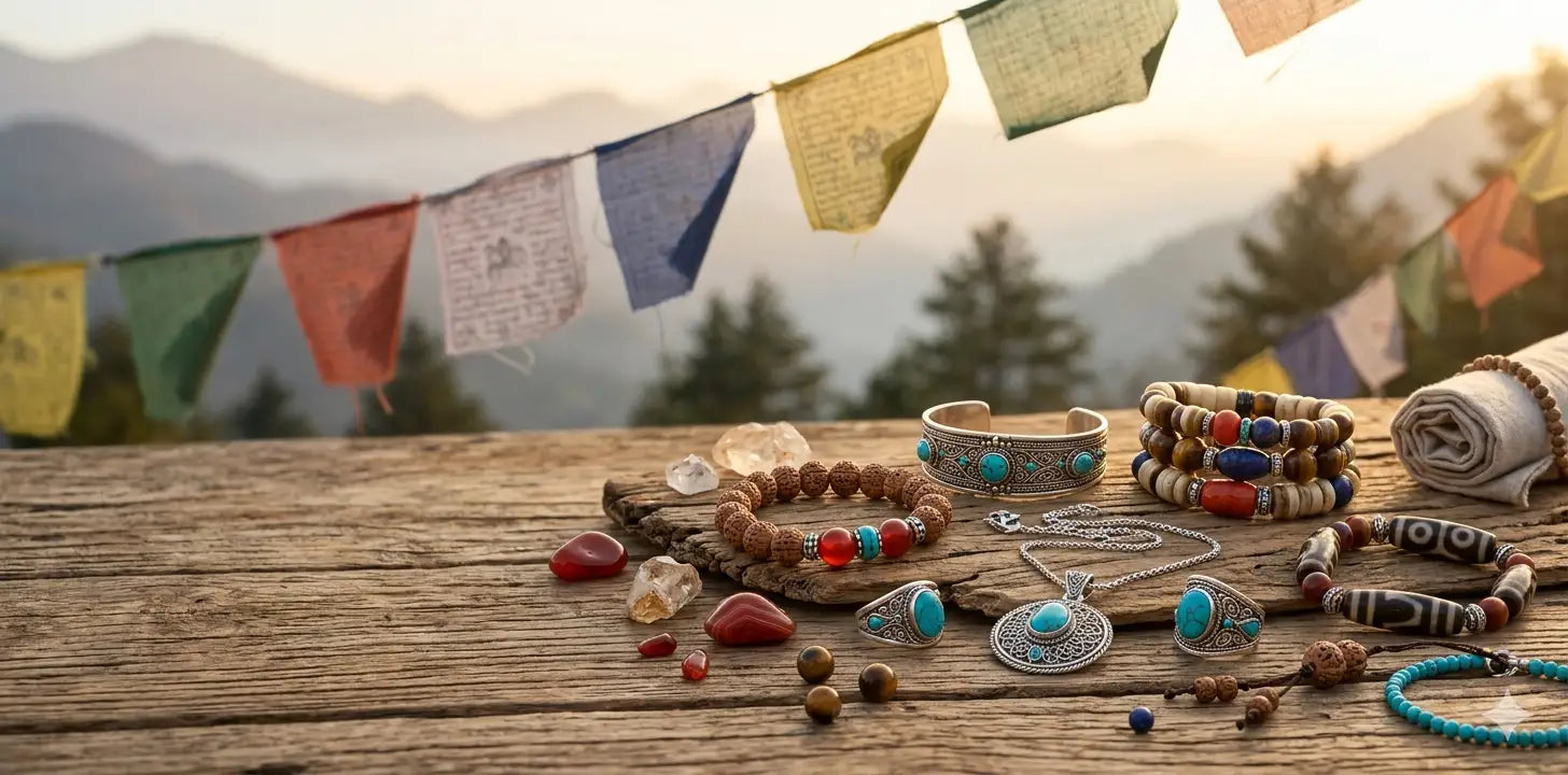 Handcrafted Tibetan-inspired jewelry collection featuring gemstone bracelets, turquoise accessories, and spiritual symbols displayed beneath prayer flags against a Himalayan mountain backdrop.